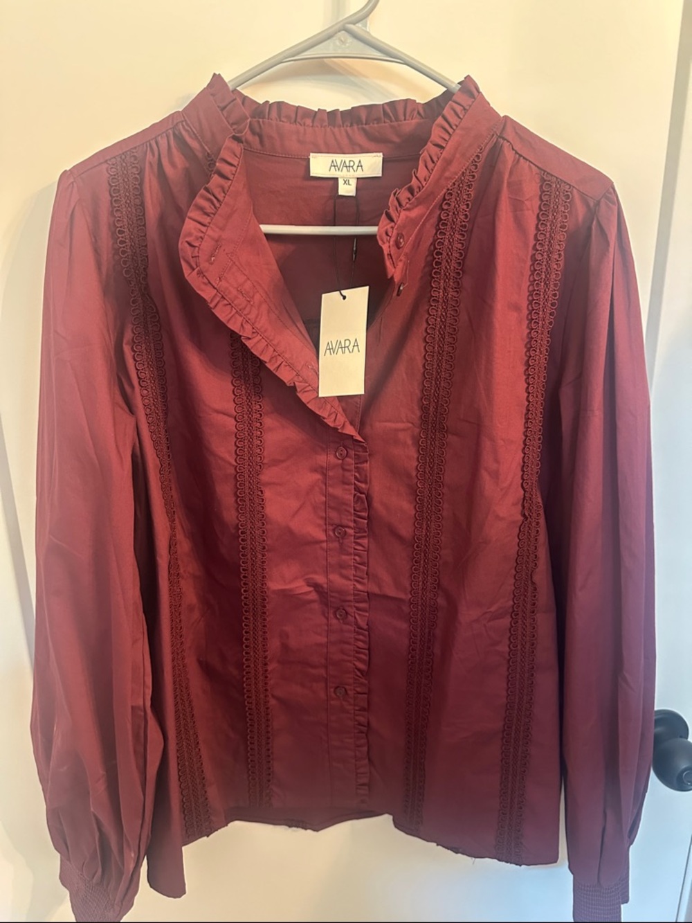 AVARA Women's Ruffled Burgundy Button-Front Blouse